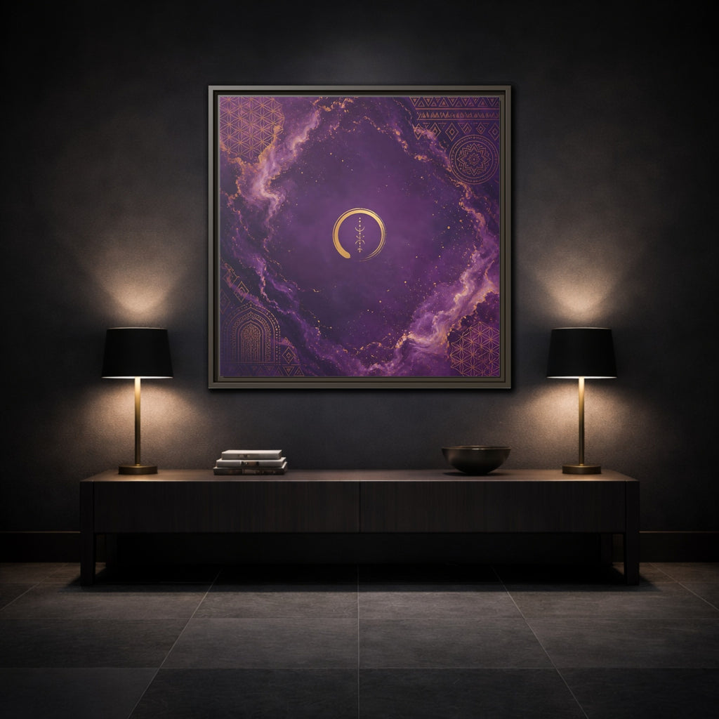 Mockup 3. Abstract Abstract Symbol Purple And Gold shown as stretched canvas wall art