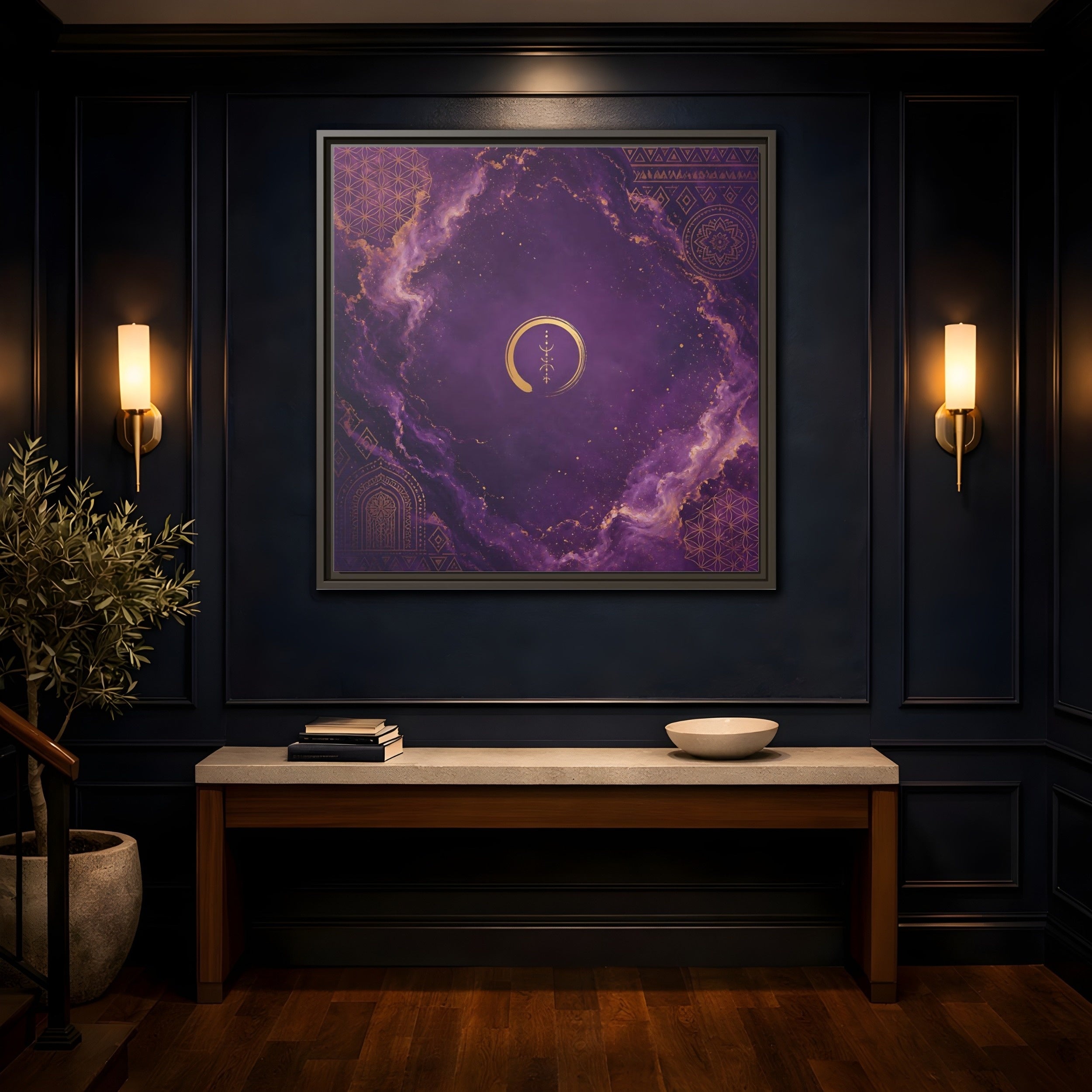 Mockup 4. Abstract Abstract Symbol Purple And Gold shown as stretched canvas wall art