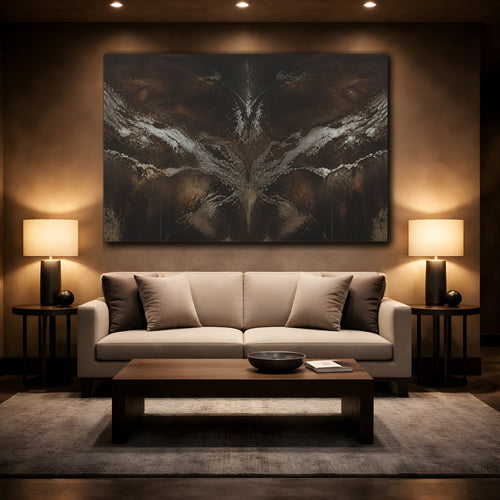 Mockup 2. Abstract Abstract Texture Dark Brown Silver shown as stretched canvas wall art