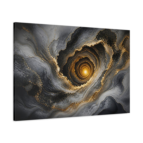 Main Mockup. Abstract Abstract Vortex Grey Gold Vortex shown as stretched canvas wall art