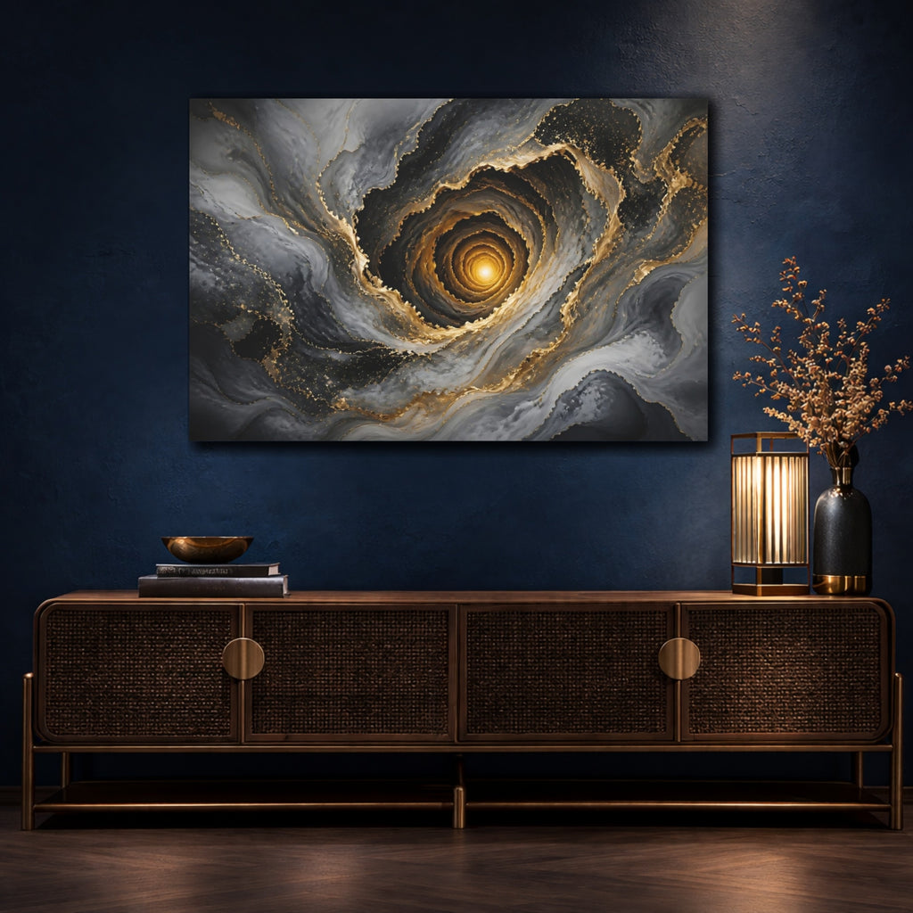 Mockup 4. Abstract Abstract Vortex Grey Gold Vortex shown as stretched canvas wall art