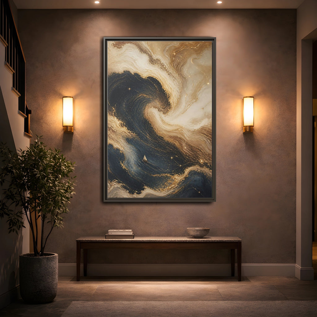 Mockup 2. Abstract Abstract Waves Blue Gold Waves shown as stretched canvas wall art