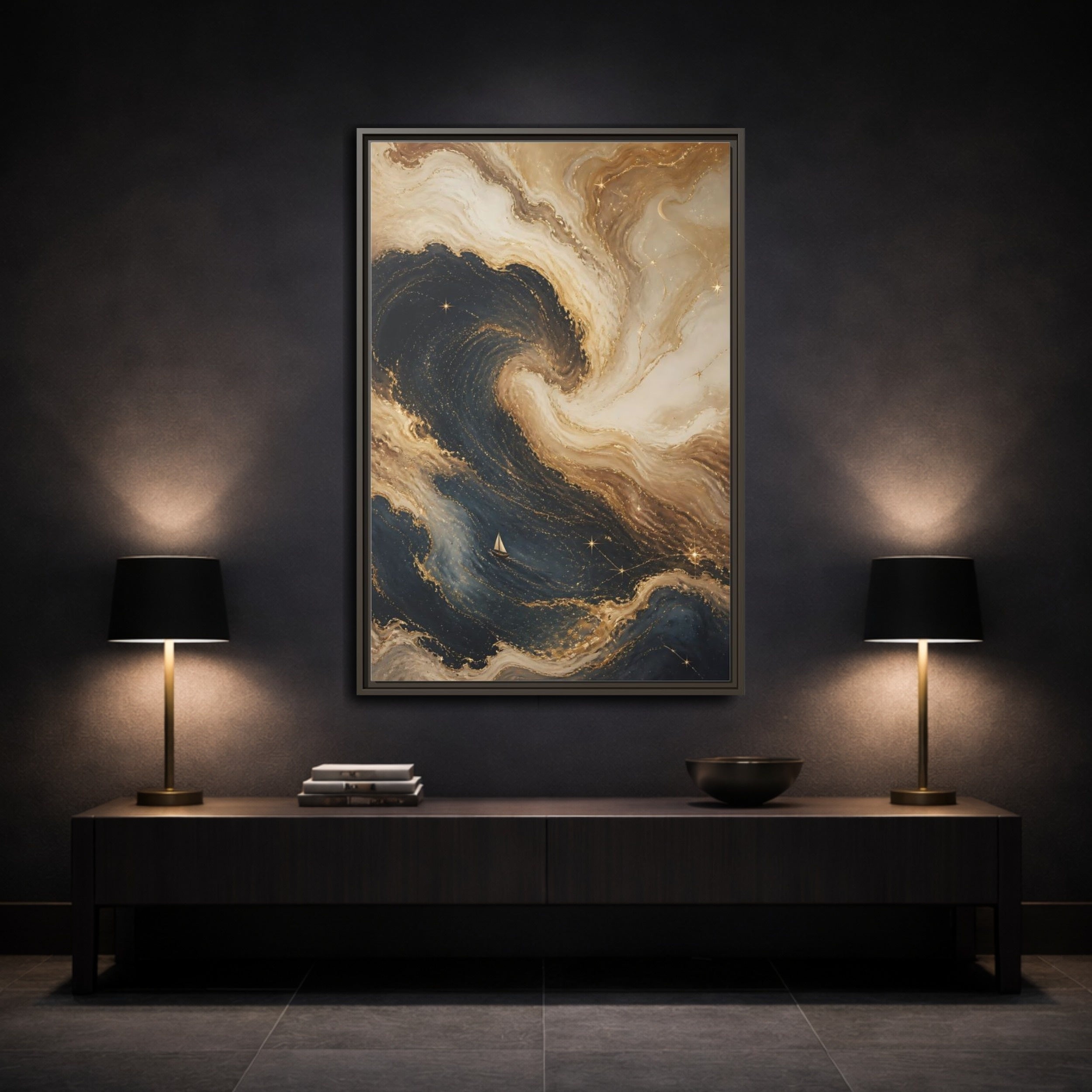 Mockup 3. Abstract Abstract Waves Blue Gold Waves shown as stretched canvas wall art