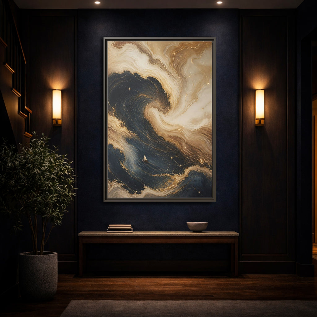 Mockup 4. Abstract Abstract Waves Blue Gold Waves shown as stretched canvas wall art