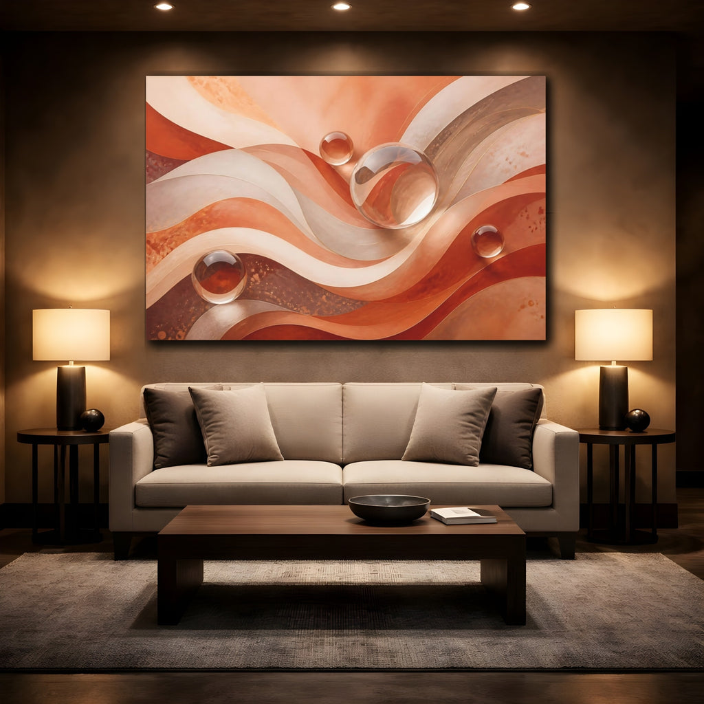 Mockup 2. Abstract Abstract Waves Earthy Tones Waves shown as stretched canvas wall art