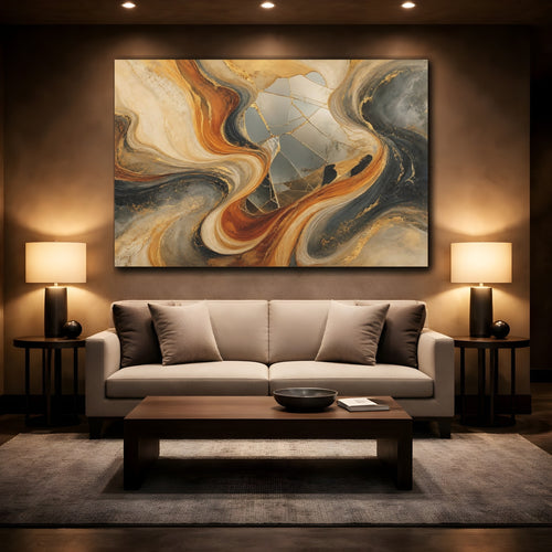 Mockup 2. Abstract Abstract Waves Gold Abstract shown as stretched canvas wall art