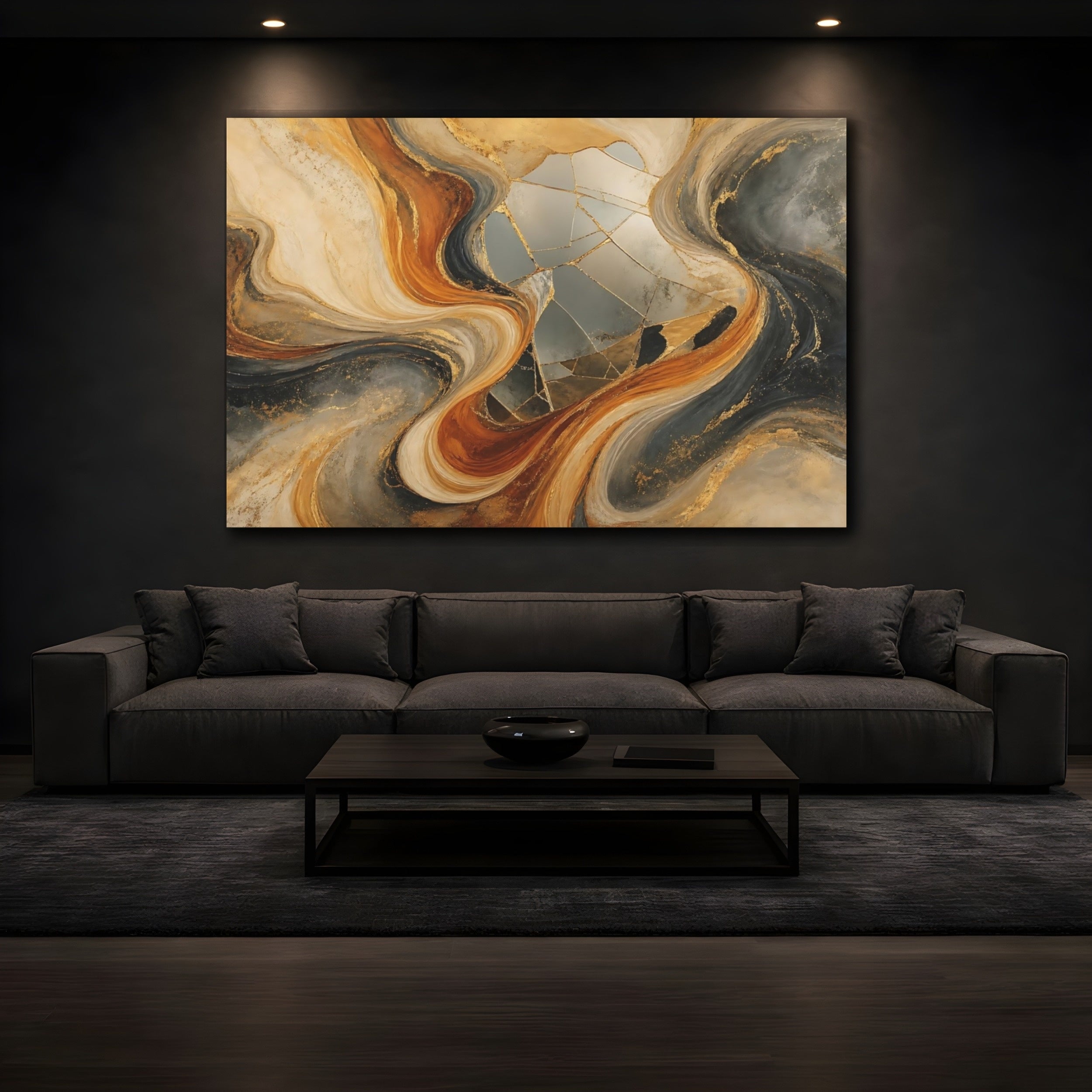 Mockup 3. Abstract Abstract Waves Gold Abstract shown as stretched canvas wall art