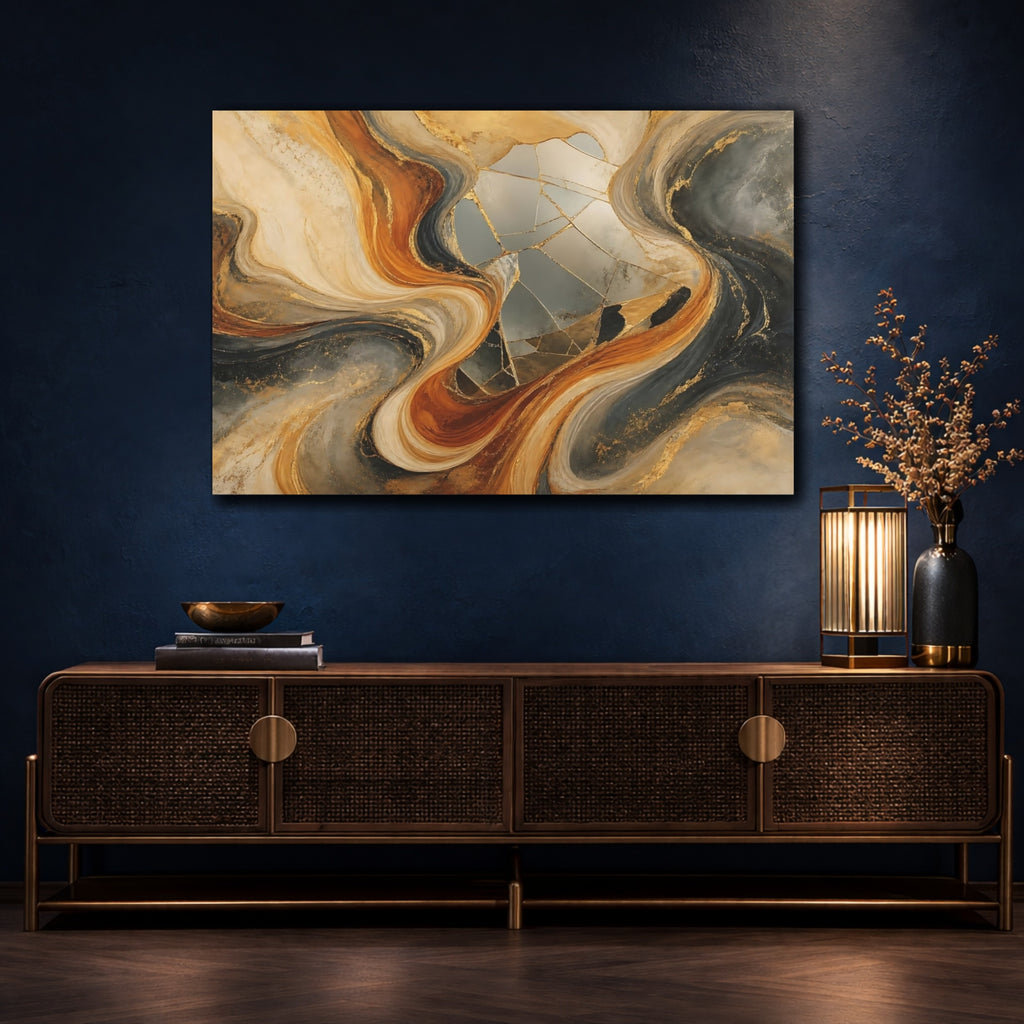 Mockup 4. Abstract Abstract Waves Gold Abstract shown as stretched canvas wall art
