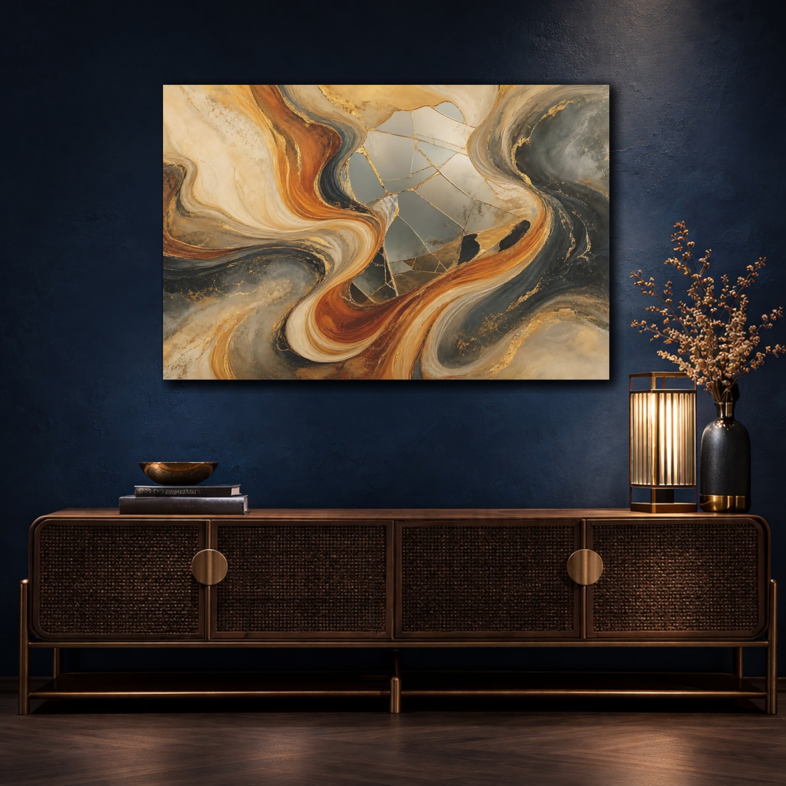Mockup 4. Abstract Abstract Waves Gold Abstract shown as stretched canvas wall art