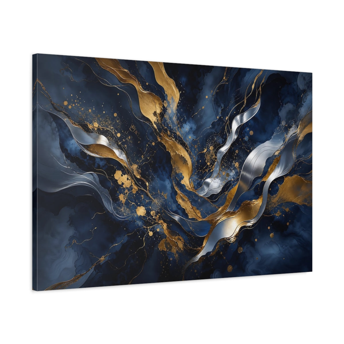 Main Mockup. Abstract Abstract Waves Navy Gold Abstract shown as stretched canvas wall art