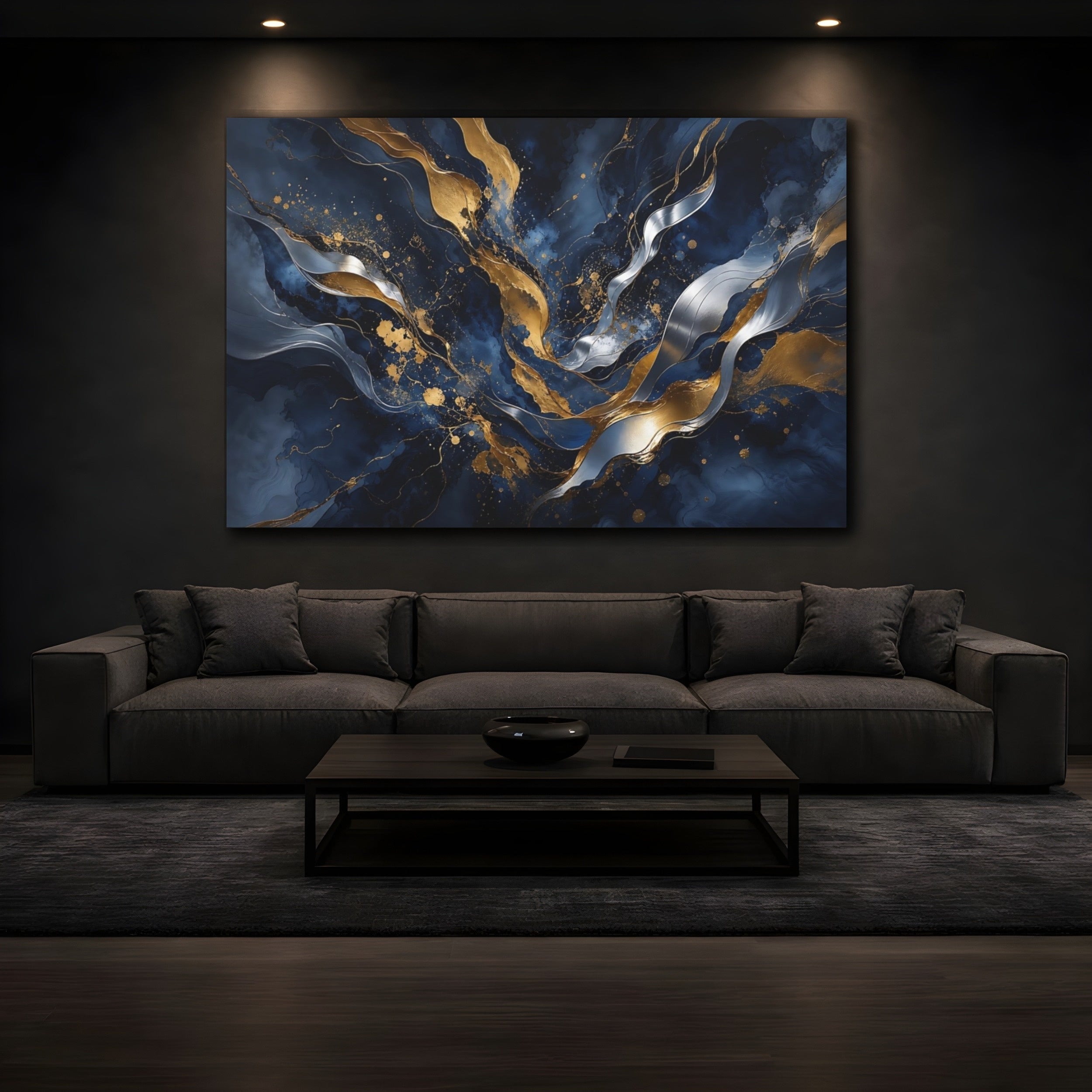 Mockup 3. Abstract Abstract Waves Navy Gold Abstract shown as stretched canvas wall art