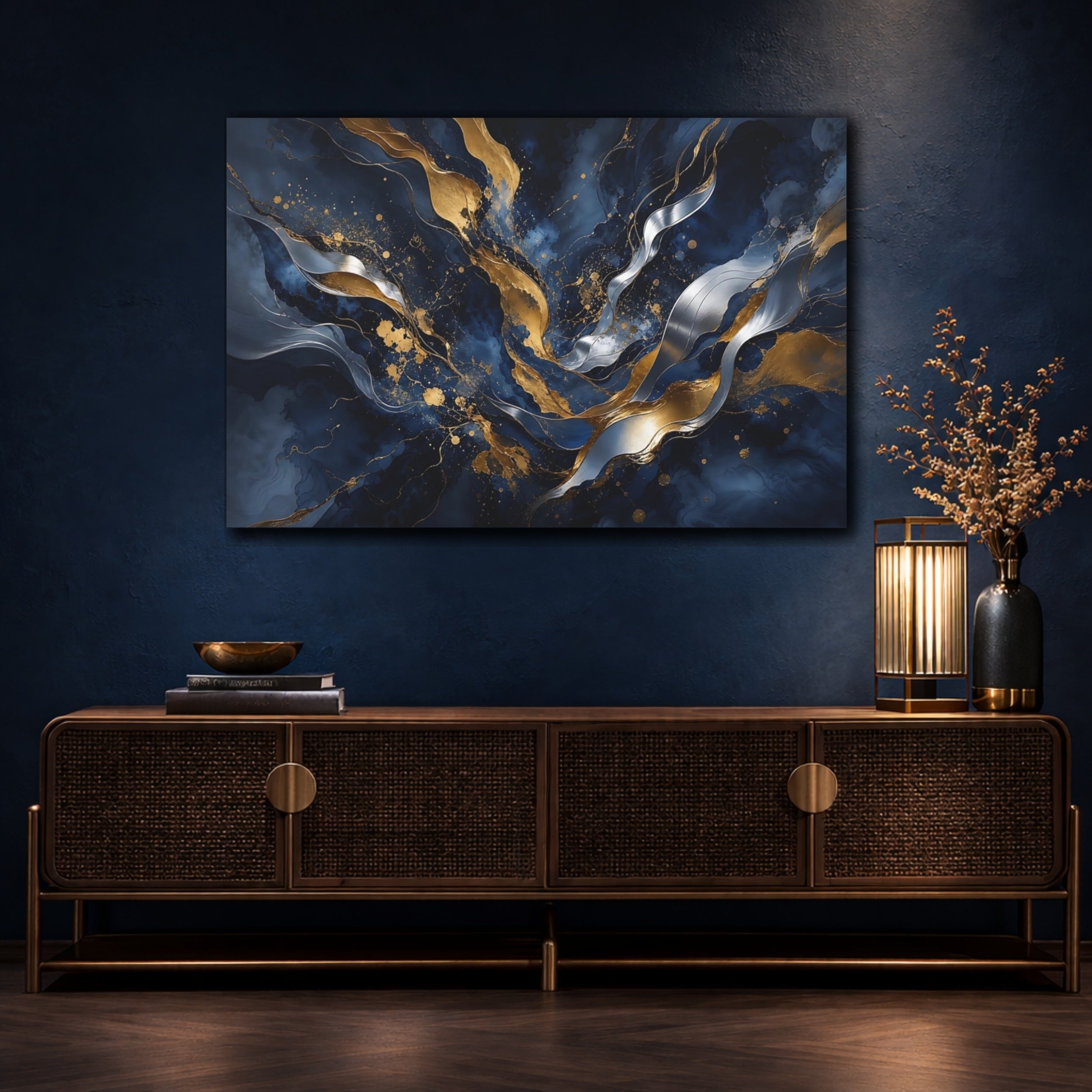 Mockup 4. Abstract Abstract Waves Navy Gold Abstract shown as stretched canvas wall art