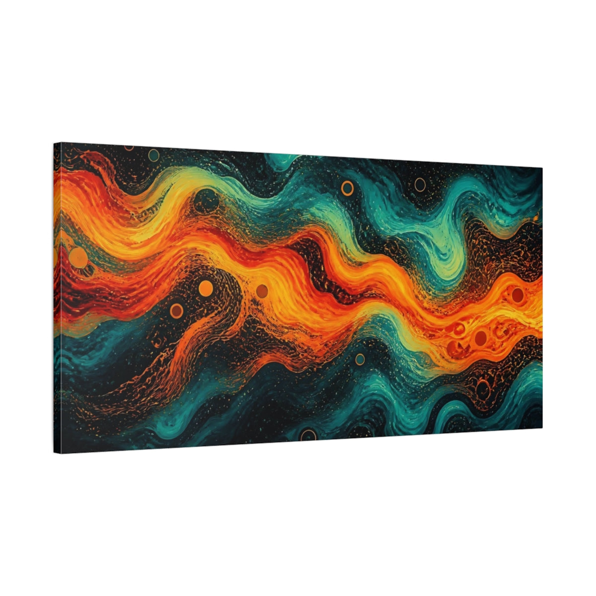 Main Mockup. Abstract Abstract Waves Orange Teal shown as stretched canvas wall art