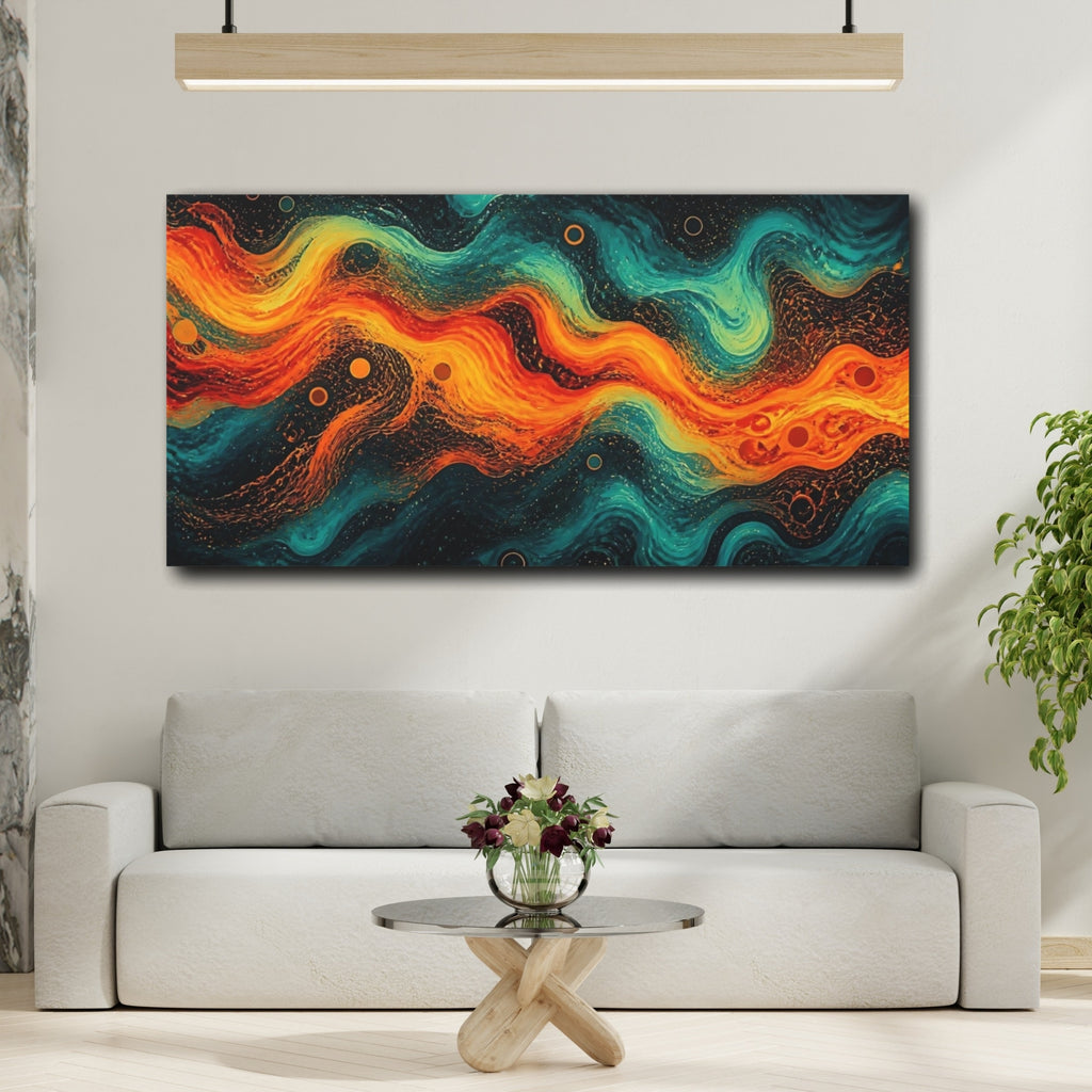Mockup 2. Abstract Abstract Waves Orange Teal shown as stretched canvas wall art