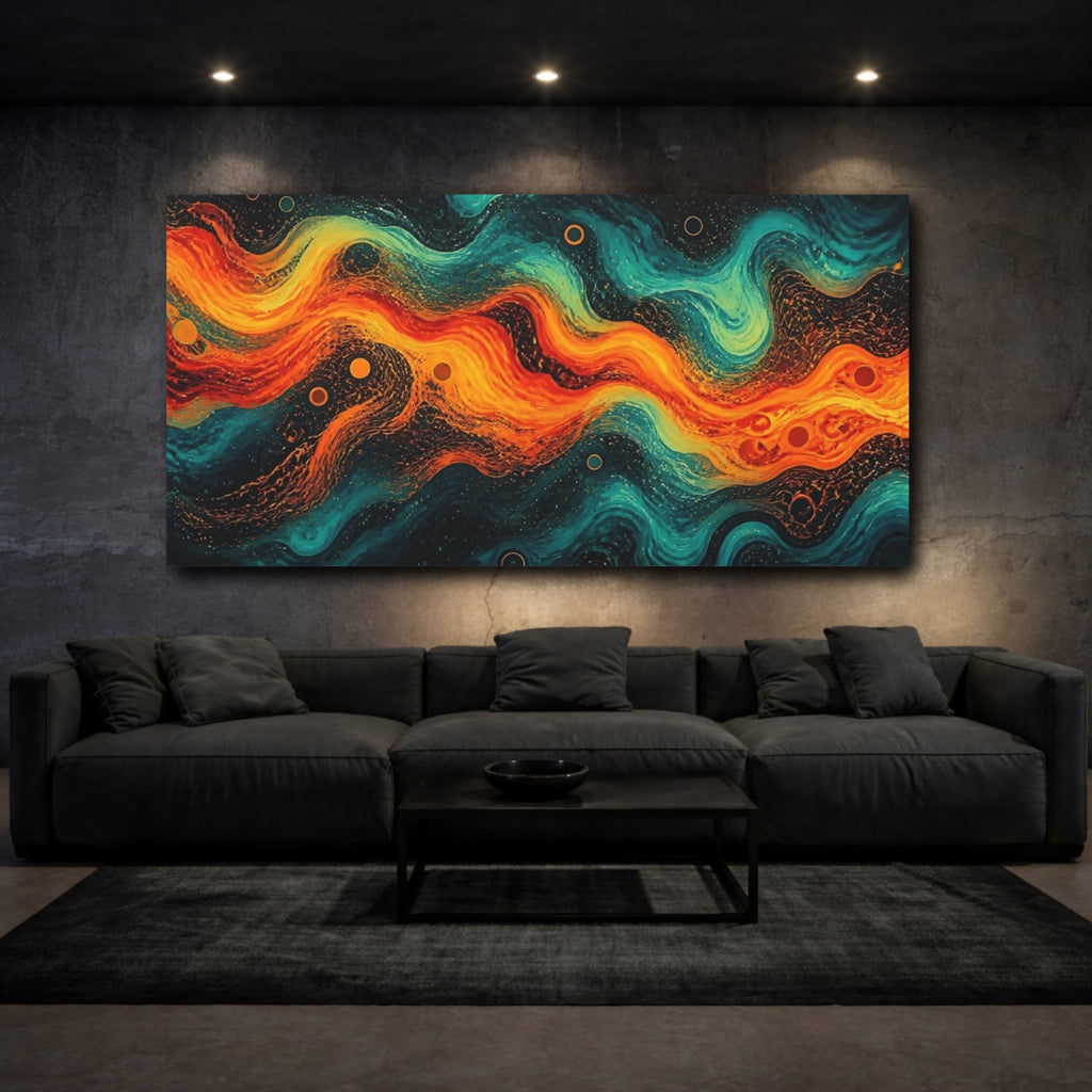 Mockup 3. Abstract Abstract Waves Orange Teal shown as stretched canvas wall art