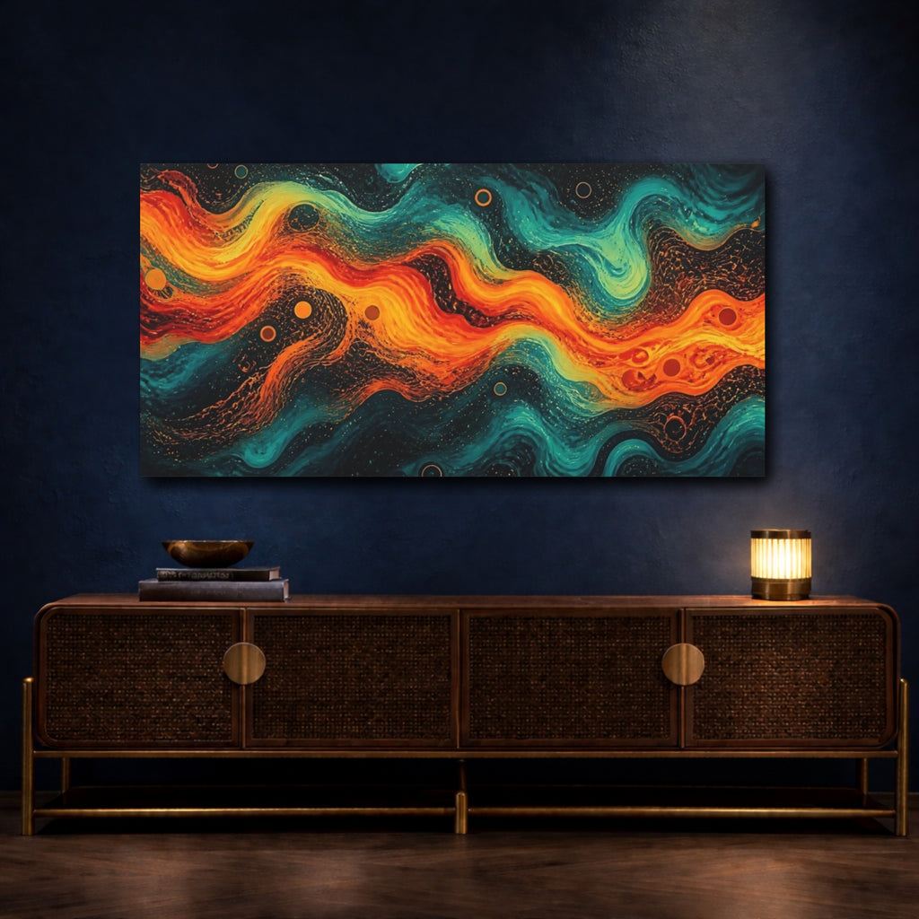 Mockup 4. Abstract Abstract Waves Orange Teal shown as stretched canvas wall art