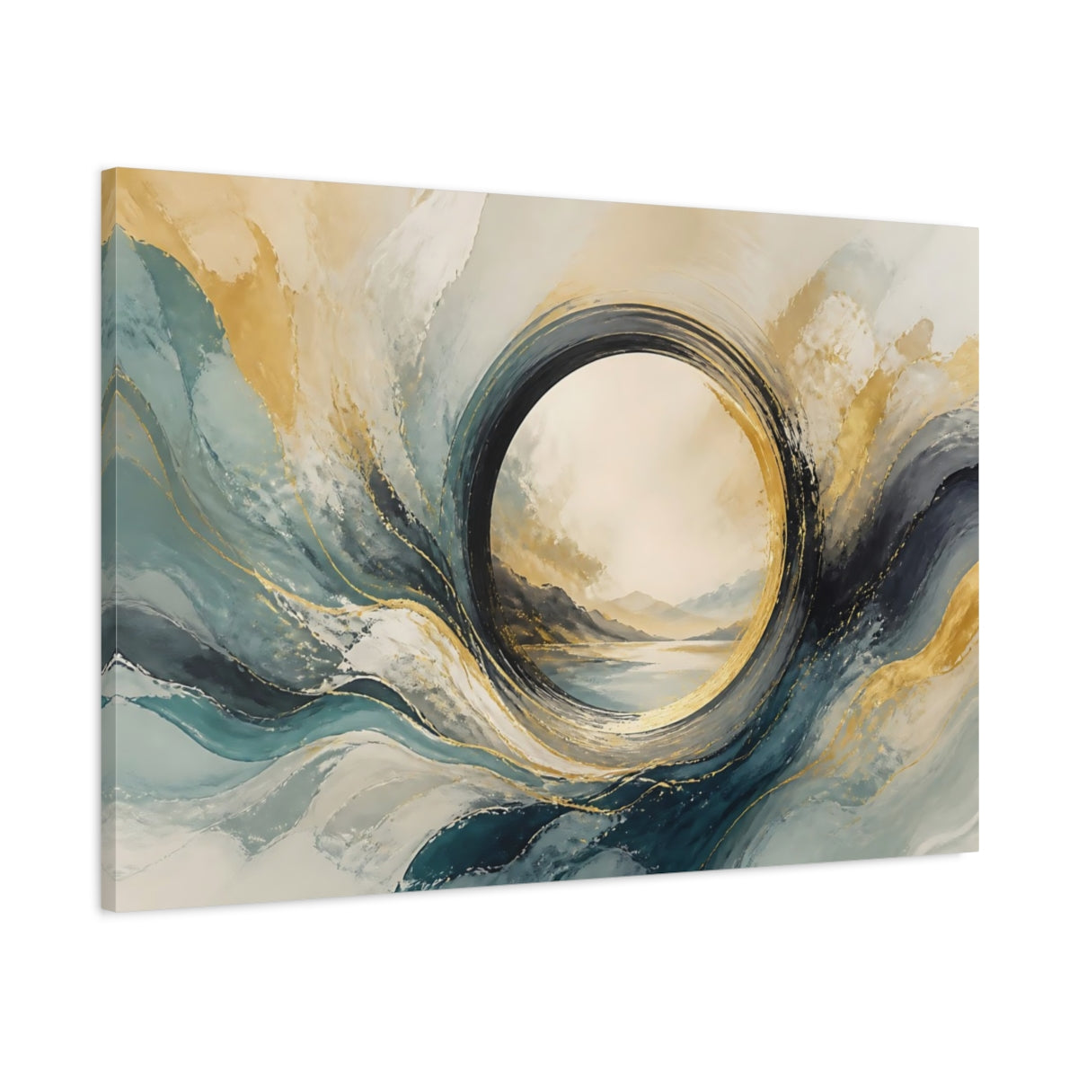 Main Mockup. Abstract Abstract Waves Teal Gold Abstract shown as stretched canvas wall art