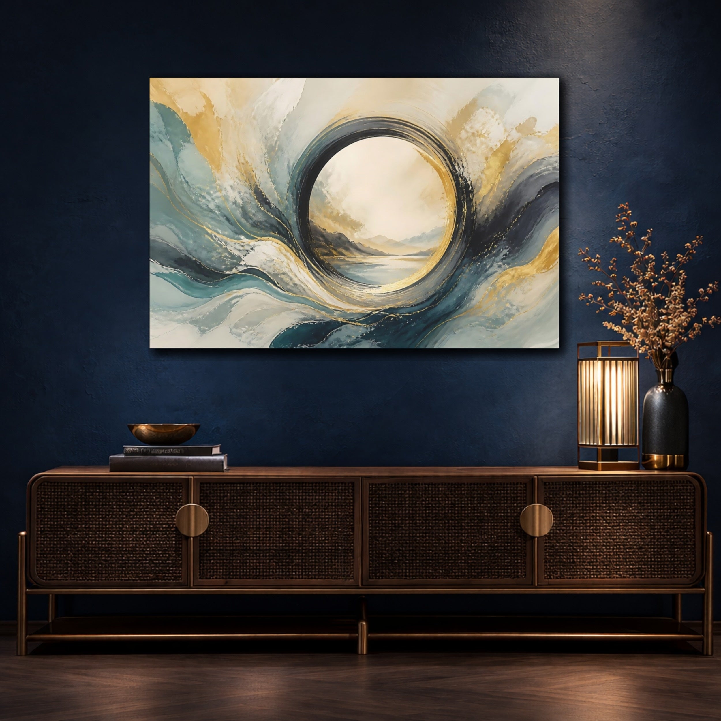 Mockup 4. Abstract Abstract Waves Teal Gold Abstract shown as stretched canvas wall art