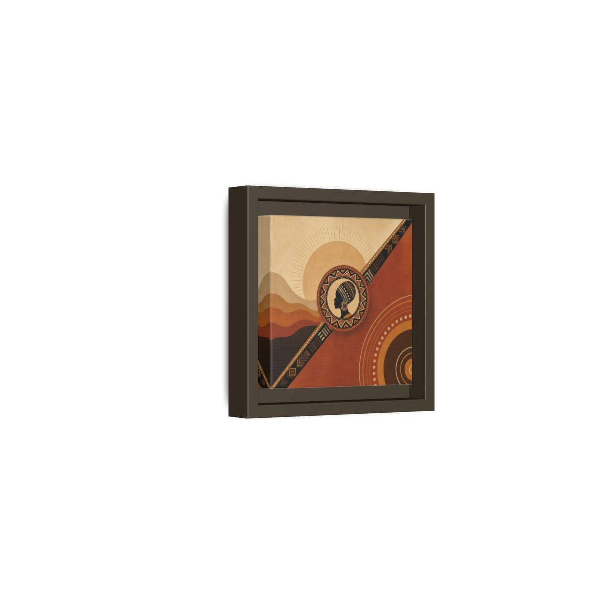 Side Mockup 23. Abstract African Woman Brown And Orange shown as stretched canvas wall art