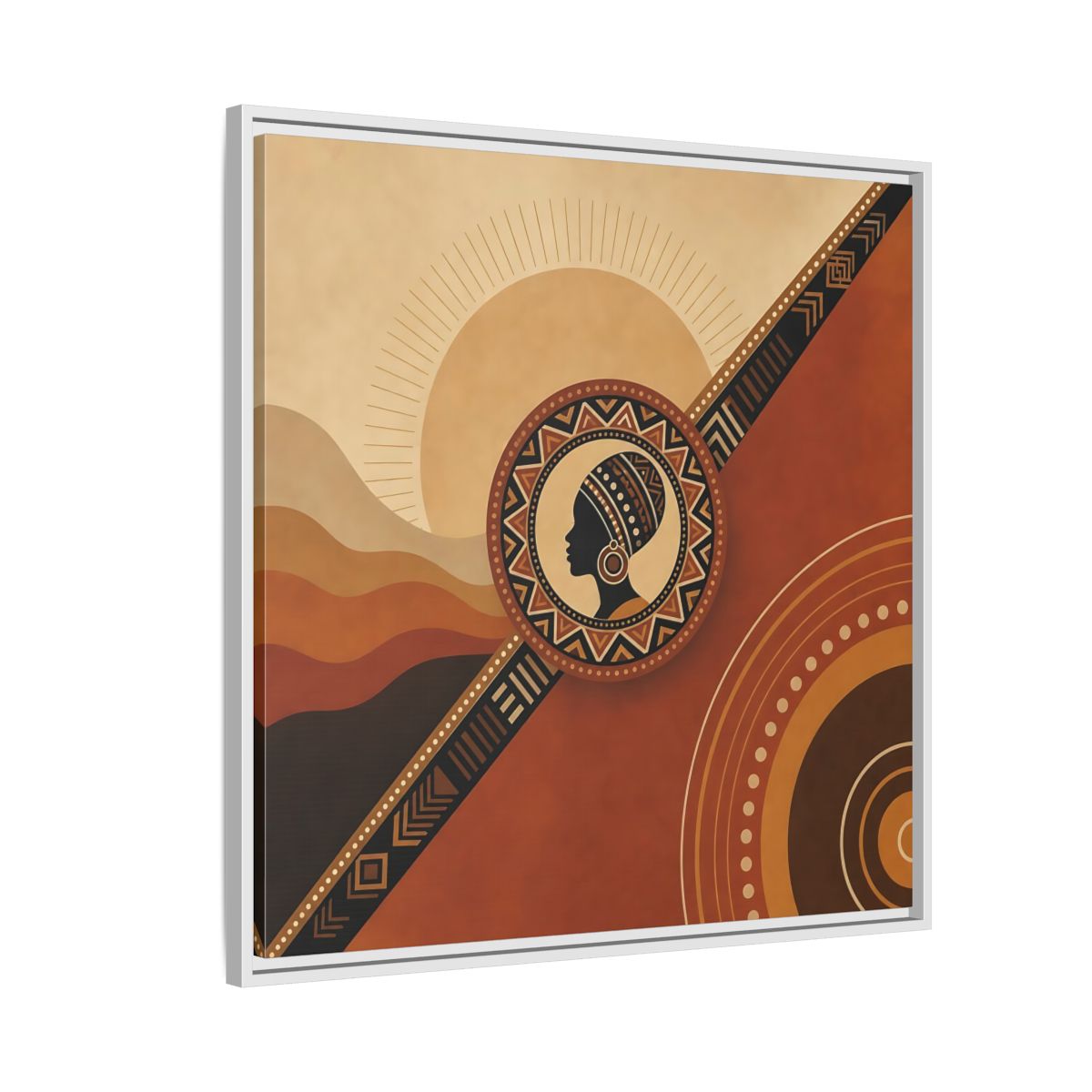 Side Mockup 7. Abstract African Woman Brown And Orange shown as stretched canvas wall art