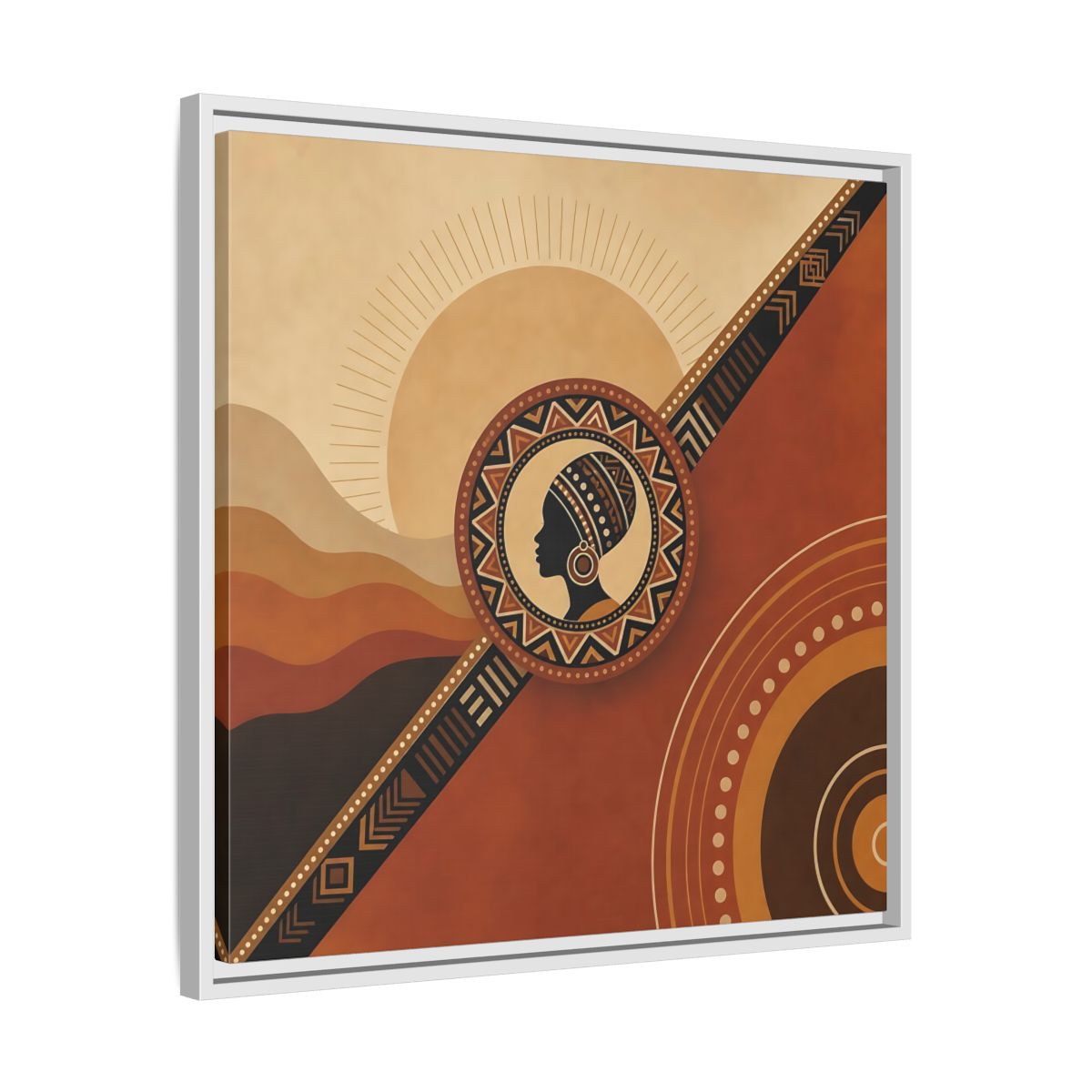 Side Mockup 26. Abstract African Woman Brown And Orange shown as stretched canvas wall art