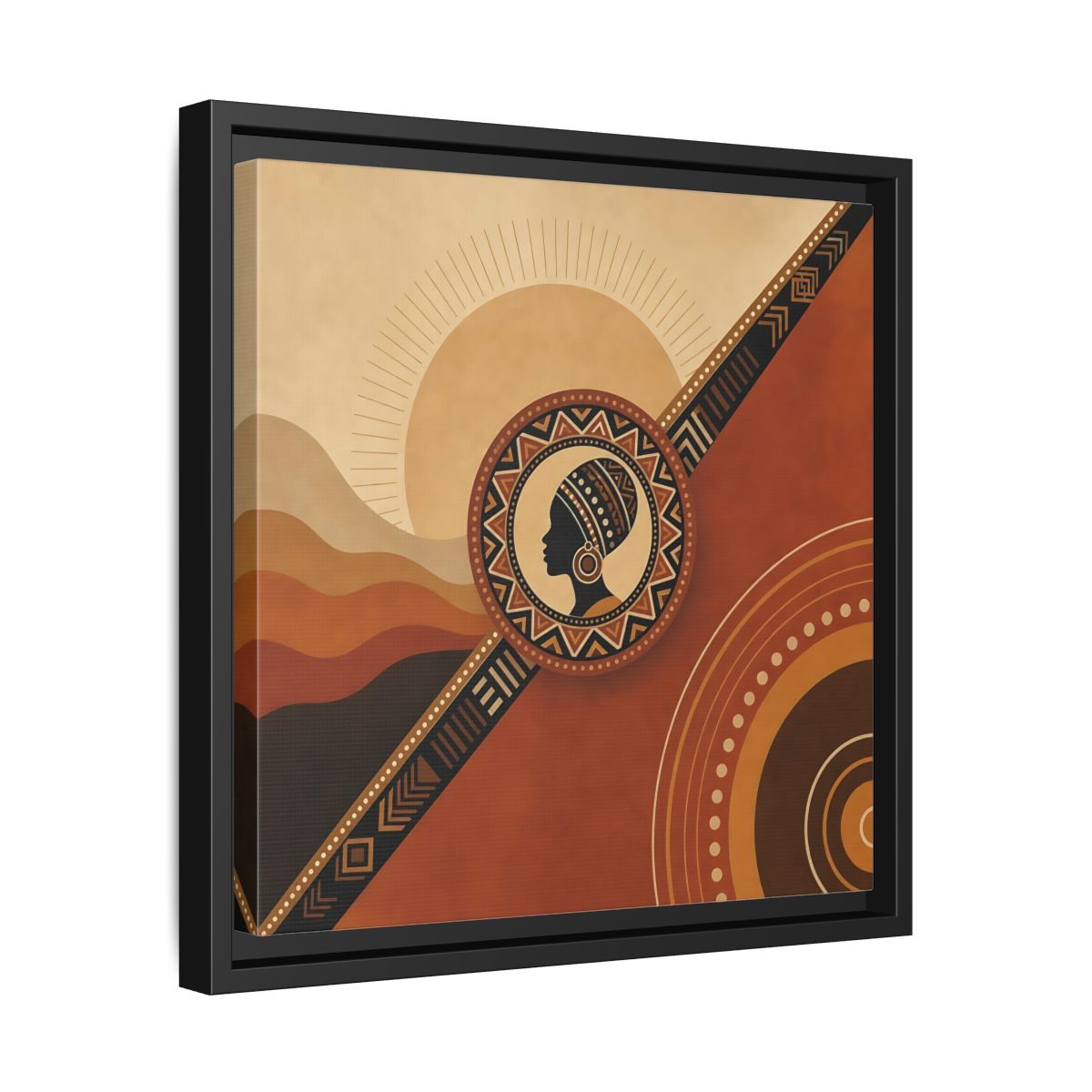 Side Mockup 32. Abstract African Woman Brown And Orange shown as stretched canvas wall art