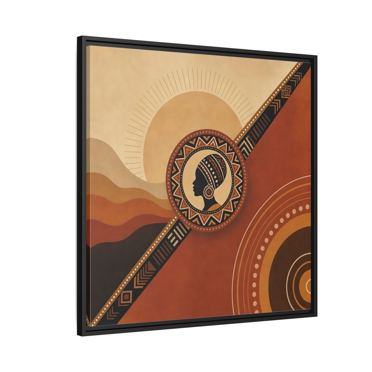 Side Mockup 9. Abstract African Woman Brown And Orange shown as stretched canvas wall art