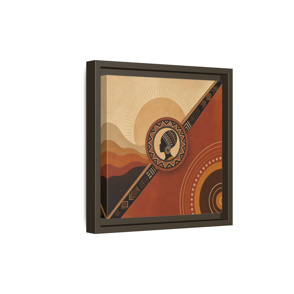 Side Mockup 20. Abstract African Woman Brown And Orange shown as stretched canvas wall art