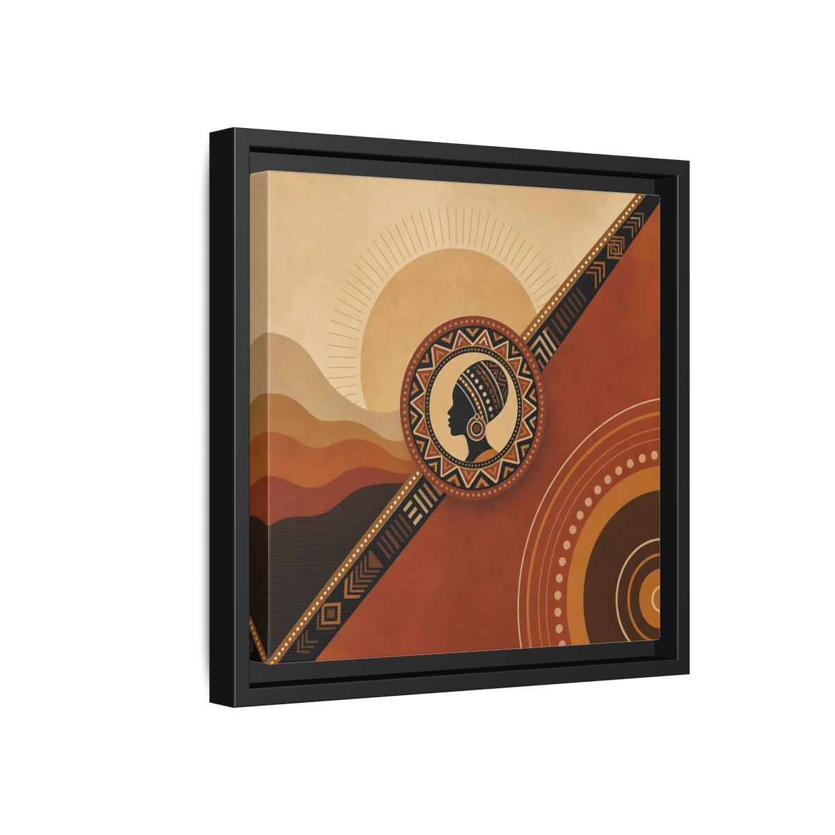 Side Mockup 18. Abstract African Woman Brown And Orange shown as stretched canvas wall art