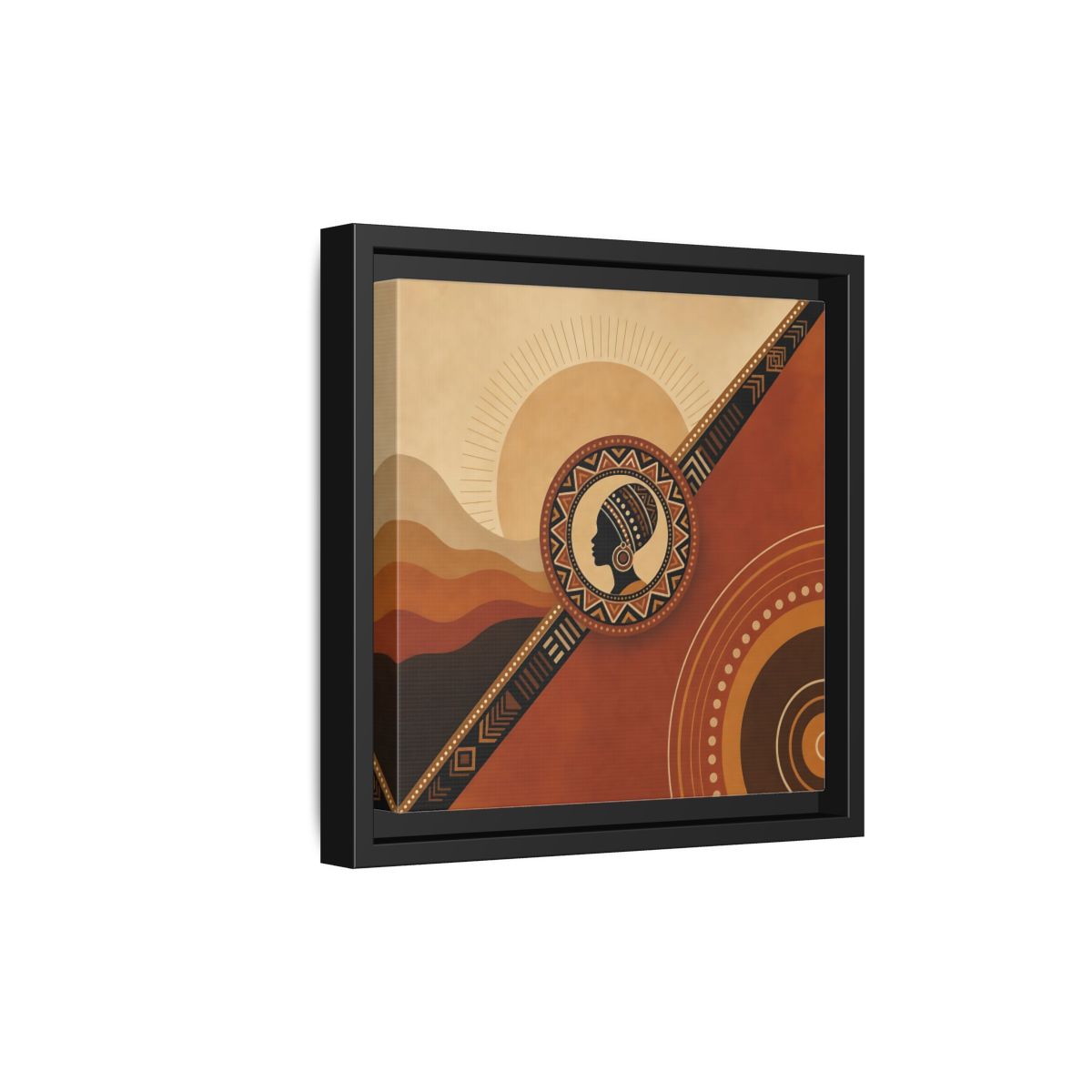 Side Mockup 21. Abstract African Woman Brown And Orange shown as stretched canvas wall art