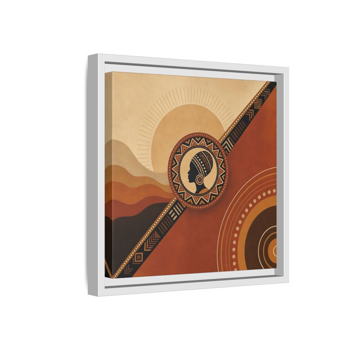 Side Mockup 16. Abstract African Woman Brown And Orange shown as stretched canvas wall art