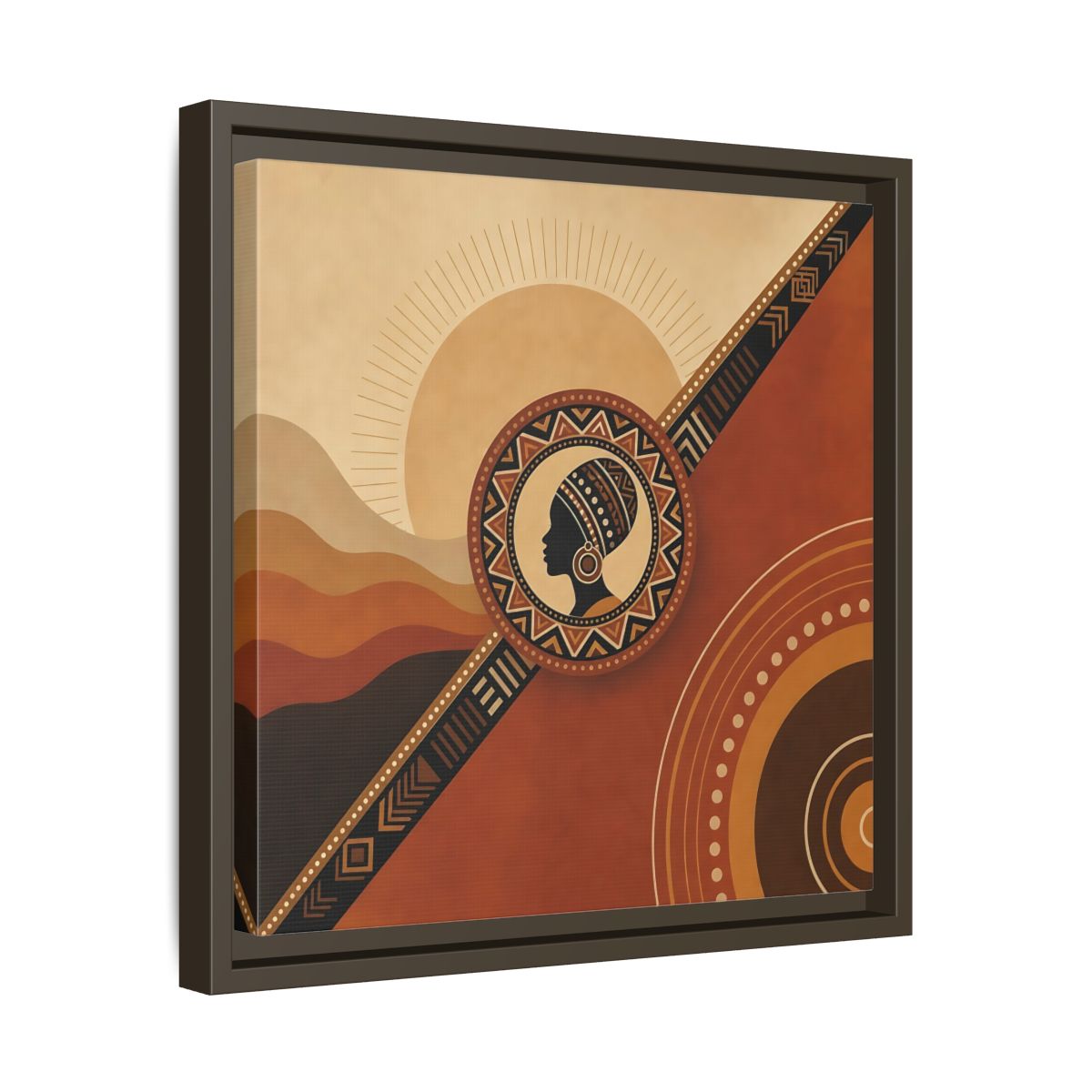 Side Mockup 29. Abstract African Woman Brown And Orange shown as stretched canvas wall art