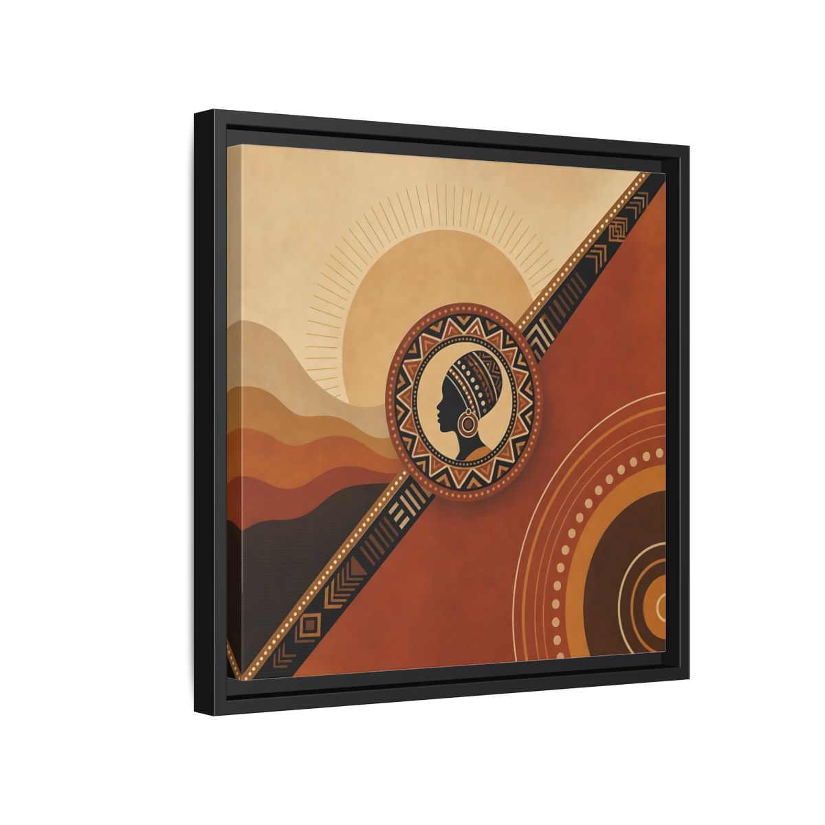 Side Mockup 15. Abstract African Woman Brown And Orange shown as stretched canvas wall art