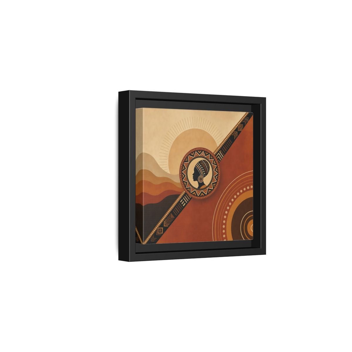 Side Mockup 3. Abstract African Woman Brown And Orange shown as stretched canvas wall art