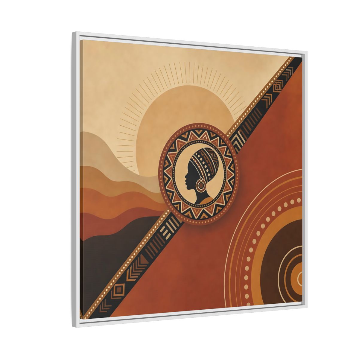Side Mockup 4. Abstract African Woman Brown And Orange shown as stretched canvas wall art