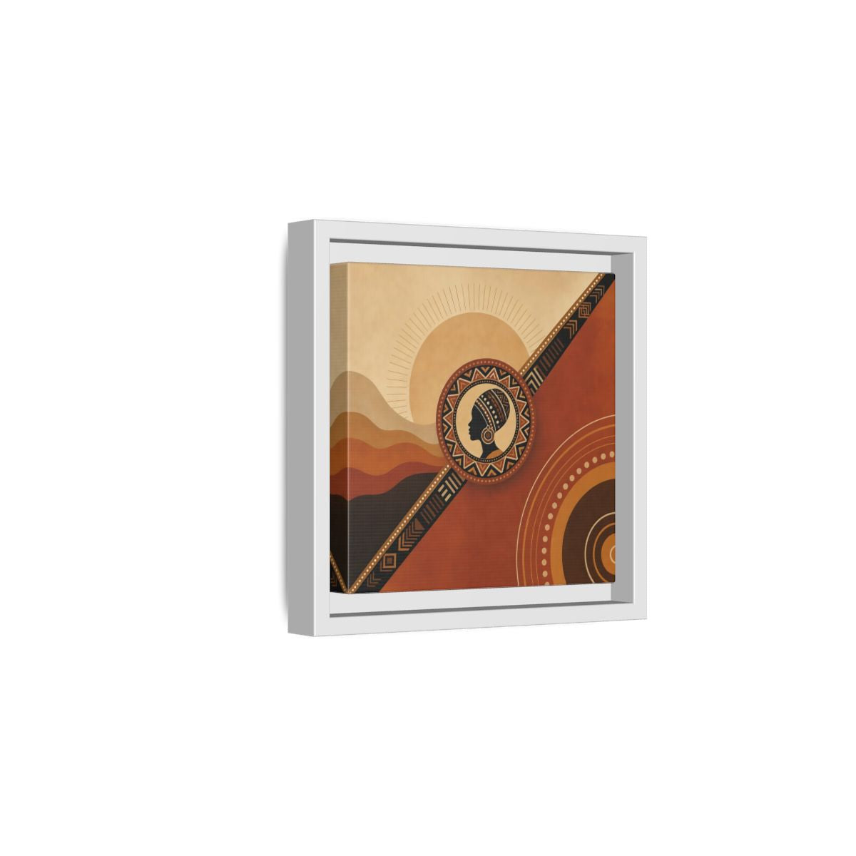 Side Mockup 1. Abstract African Woman Brown And Orange shown as stretched canvas wall art
