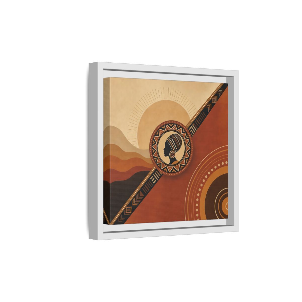 Side Mockup 19. Abstract African Woman Brown And Orange shown as stretched canvas wall art