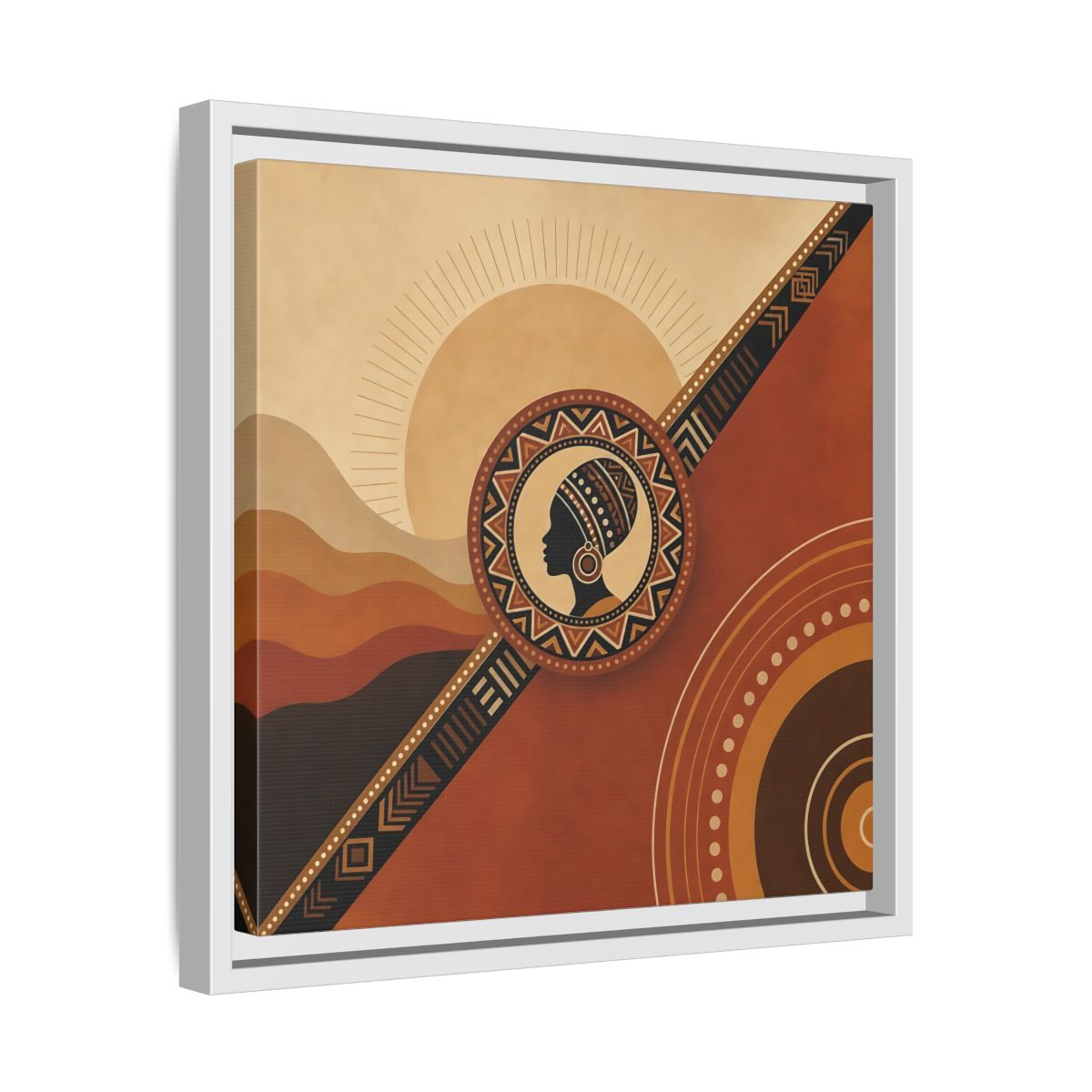Side Mockup 28. Abstract African Woman Brown And Orange shown as stretched canvas wall art