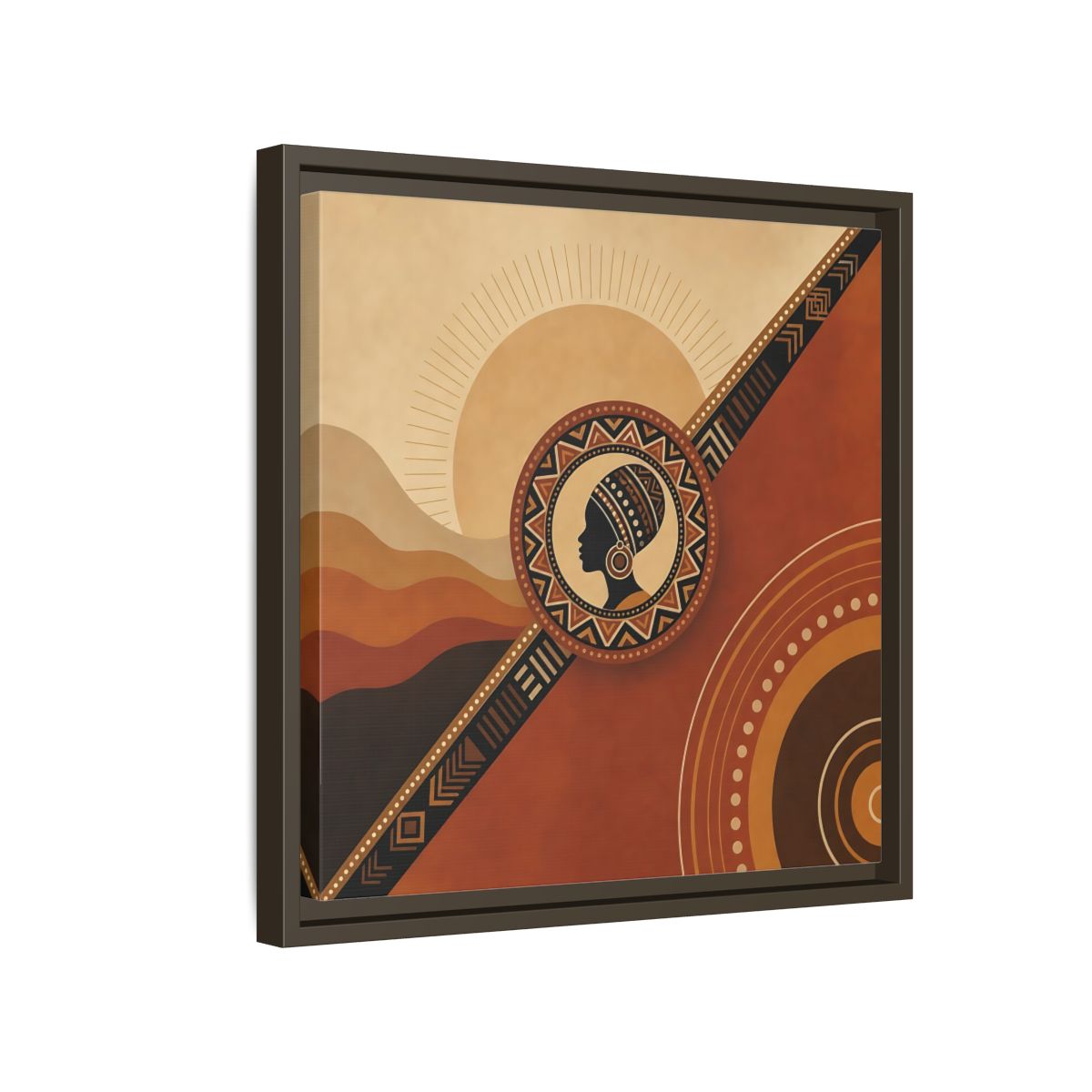 Side Mockup 14. Abstract African Woman Brown And Orange shown as stretched canvas wall art