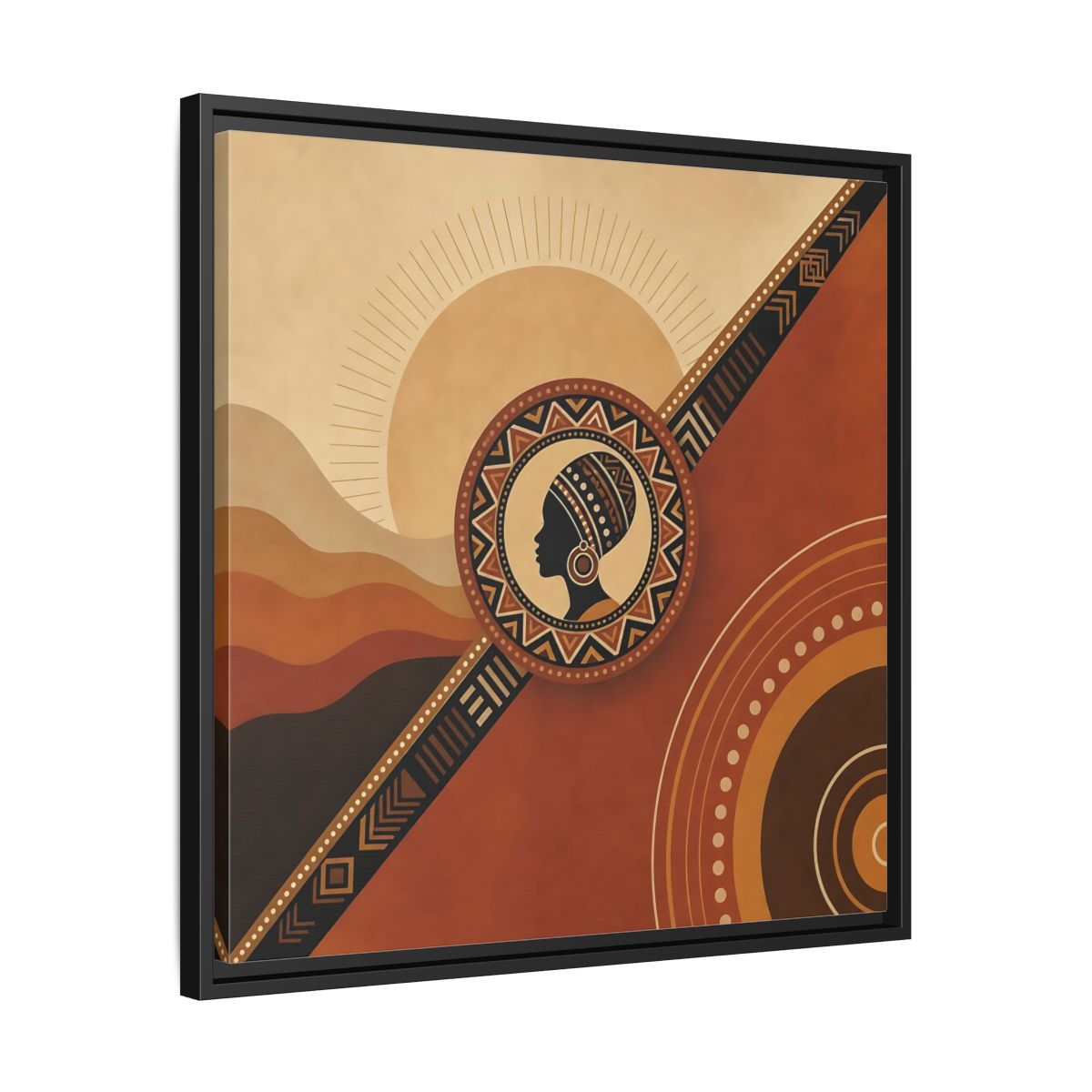 Side Mockup 31. Abstract African Woman Brown And Orange shown as stretched canvas wall art