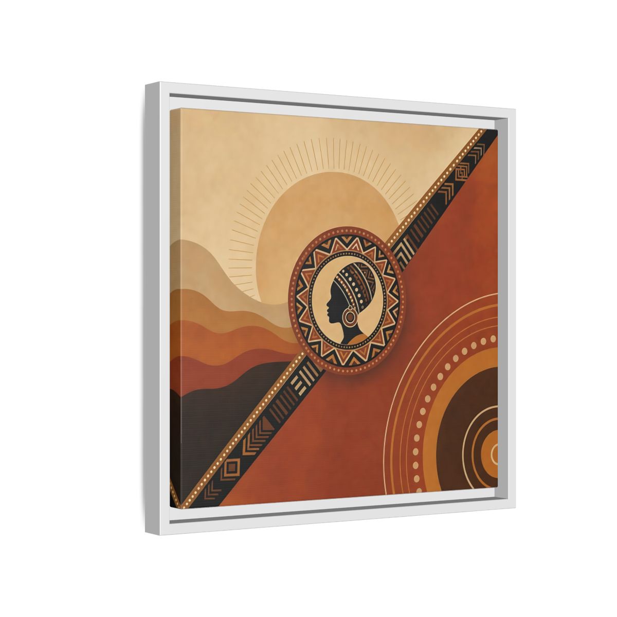 Side Mockup 13. Abstract African Woman Brown And Orange shown as stretched canvas wall art