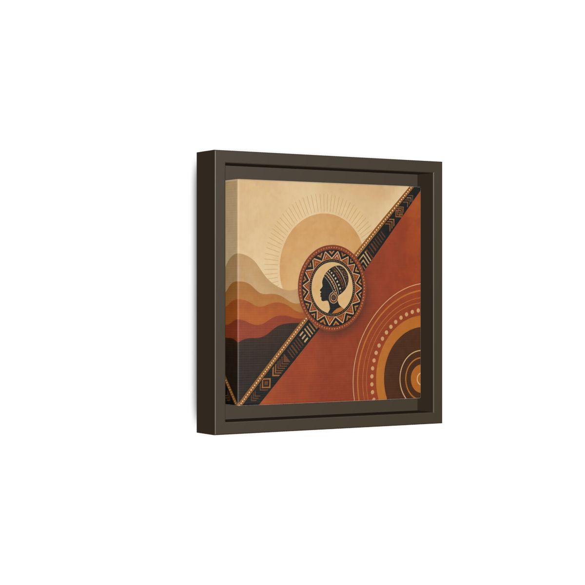 Side Mockup 2. Abstract African Woman Brown And Orange shown as stretched canvas wall art