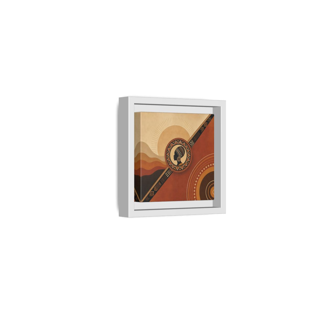 Side Mockup 22. Abstract African Woman Brown And Orange shown as stretched canvas wall art