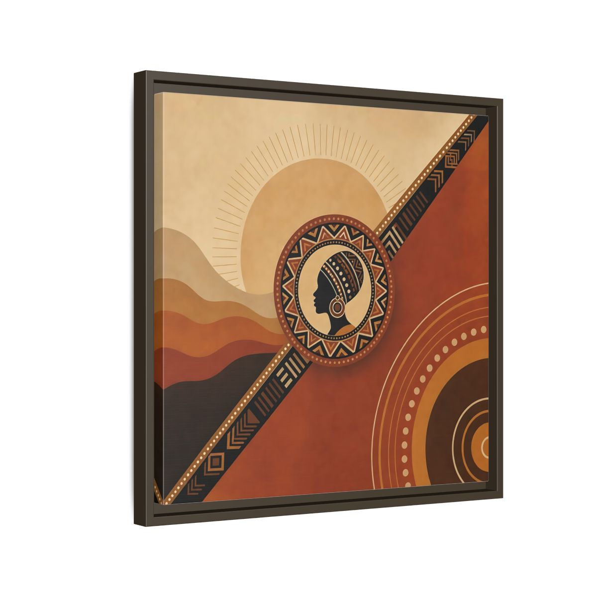 Side Mockup 11. Abstract African Woman Brown And Orange shown as stretched canvas wall art