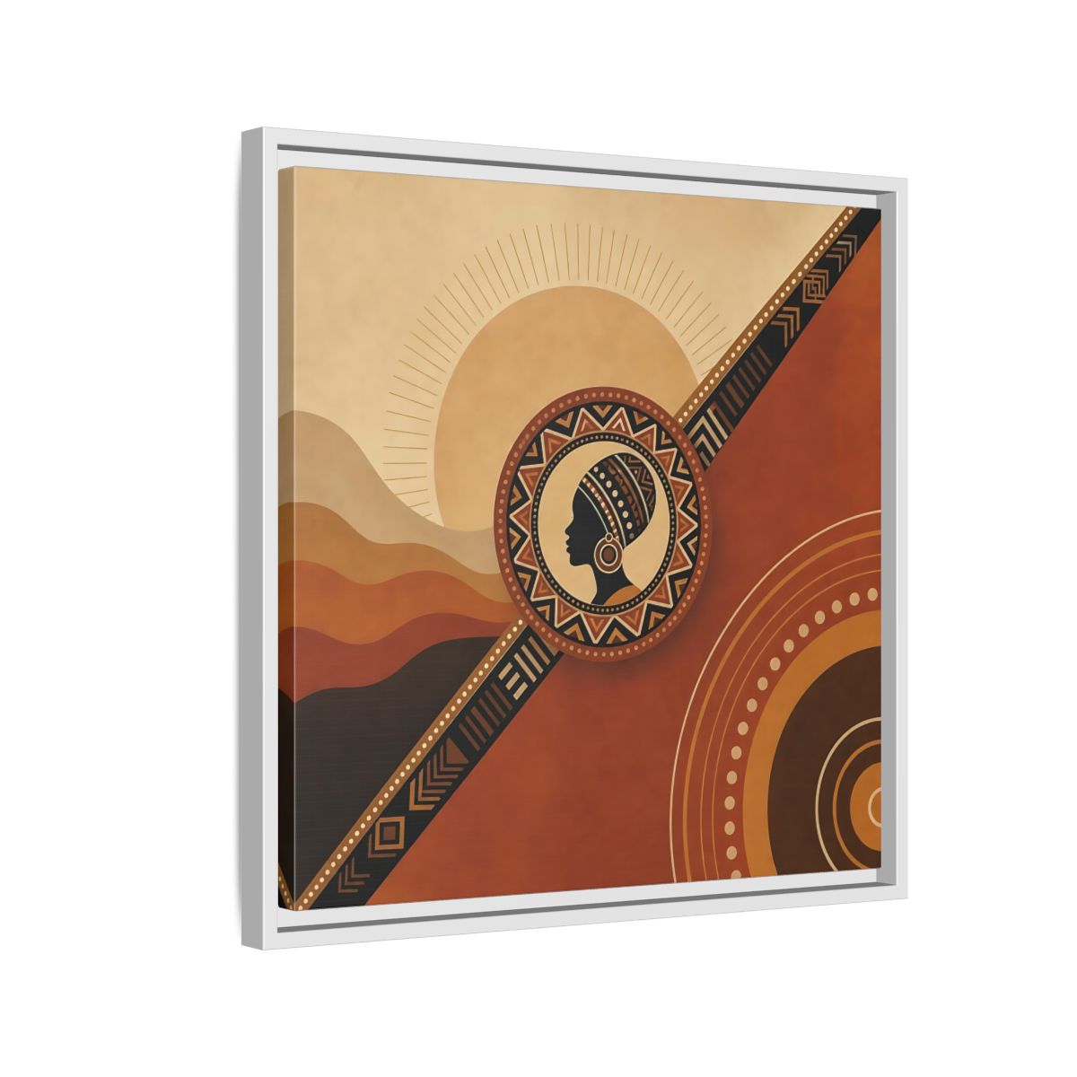 Side Mockup 10. Abstract African Woman Brown And Orange shown as stretched canvas wall art