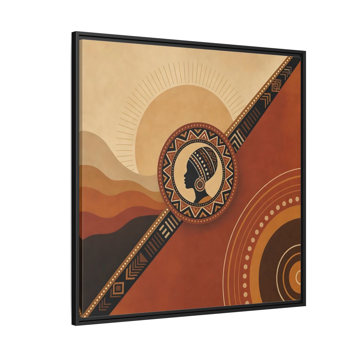 Side Mockup 6. Abstract African Woman Brown And Orange shown as stretched canvas wall art