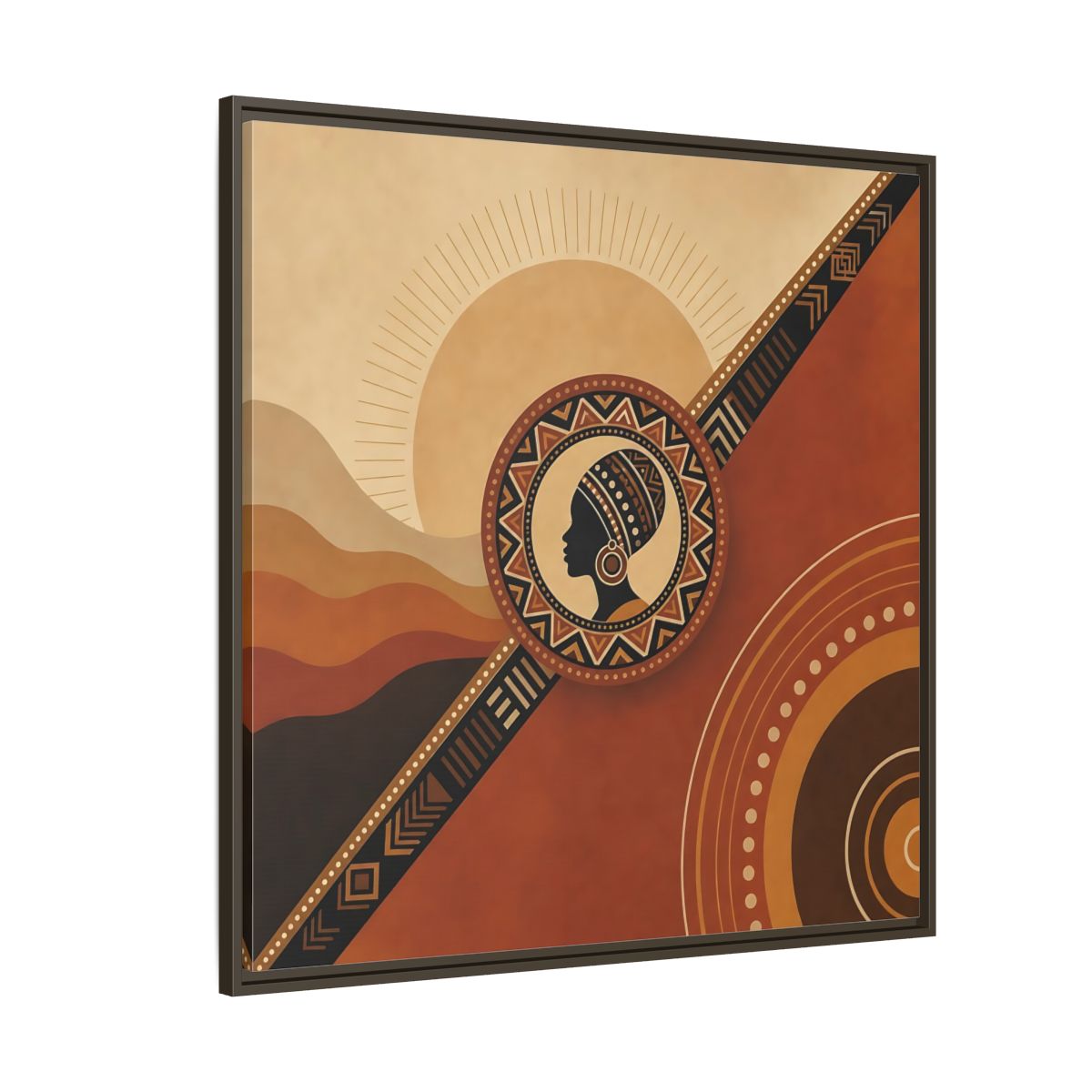 Side Mockup 5. Abstract African Woman Brown And Orange shown as stretched canvas wall art