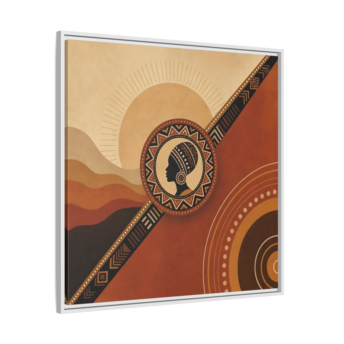 Side Mockup 25. Abstract African Woman Brown And Orange shown as stretched canvas wall art