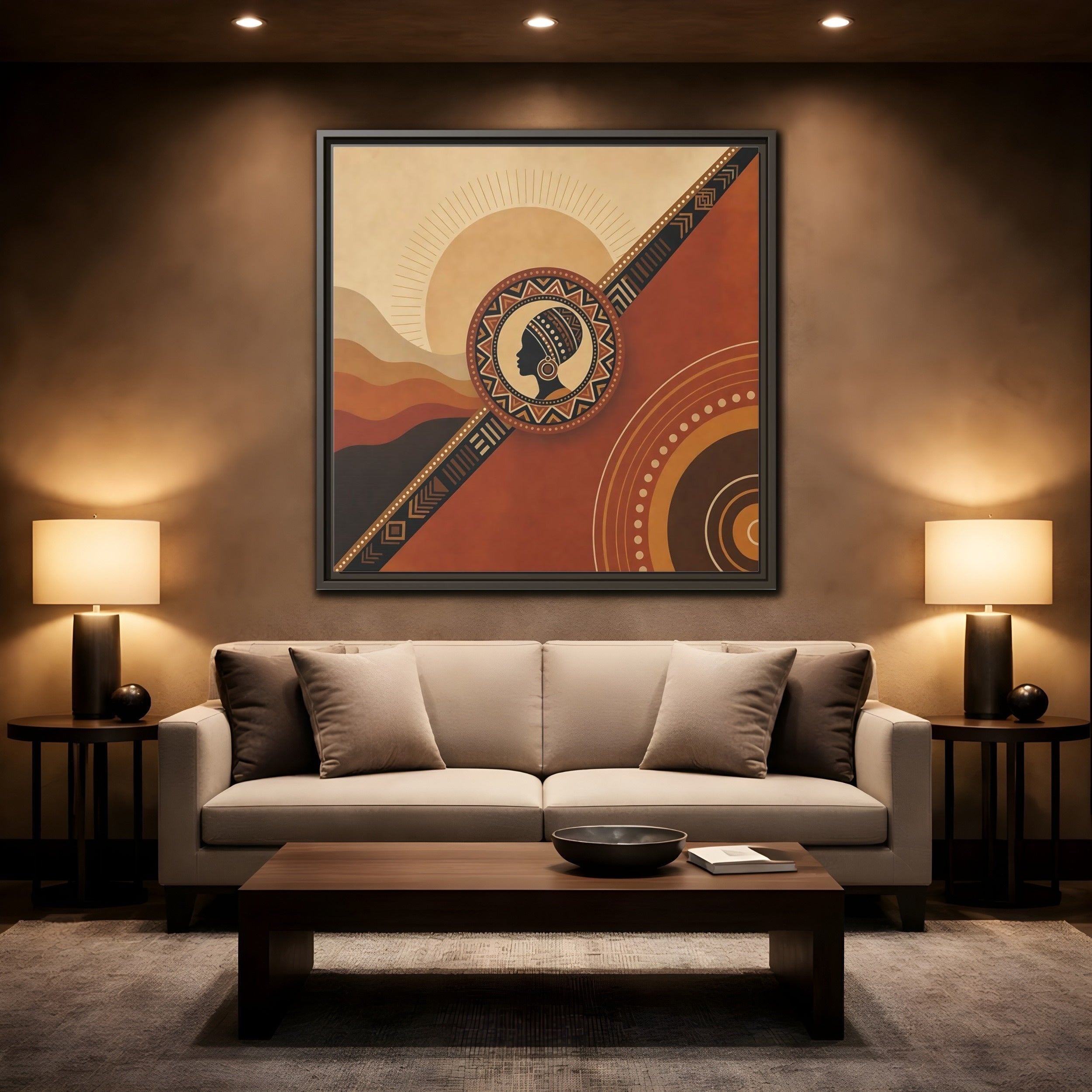 Mockup 2. Abstract African Woman Brown And Orange shown as stretched canvas wall art