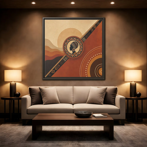 Mockup 2. Abstract African Woman Brown And Orange shown as stretched canvas wall art